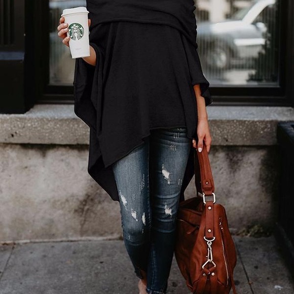 Women oversized poncho sweater tops high low asymmetrical wrap - Picture 6 of 6